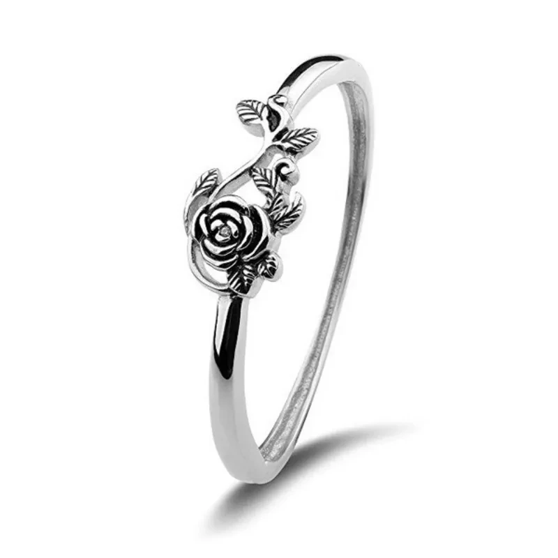 925 Sterling Silver Unique Black Rose Ring for Women Fine Jewelry Finger Adjustable Open Vintage Ring for Party Birthday Gift