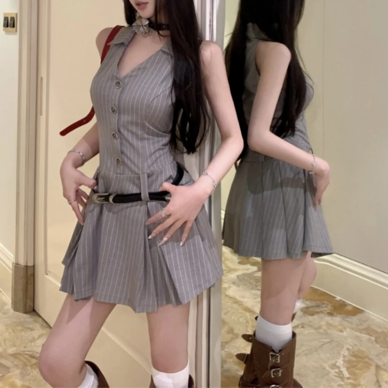 

Женское однобортное платье в полоску, повседневное Плиссированное облегающее мини-платье с отложным воротником и лямкой на шее, в Корейском стиле, лето 2024