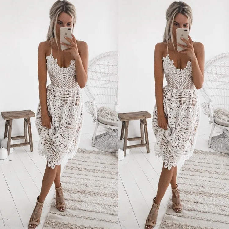 

Summer Lace Dresses Beach Skirt for Woman's New Fashion Sexy Backless Hollow V-neck Slip Dress White Black Women's Clothing