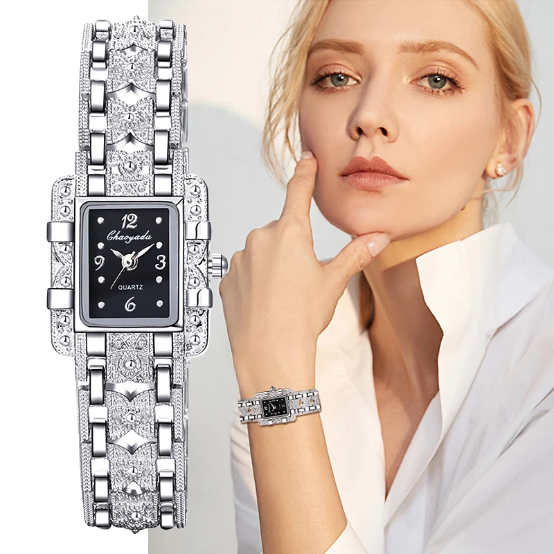 

Hot Sale Women Watch Rectangle Dial Silver Stainless Steel Crystal Watches Fashion Quartz for Women Ladies Major Relojes