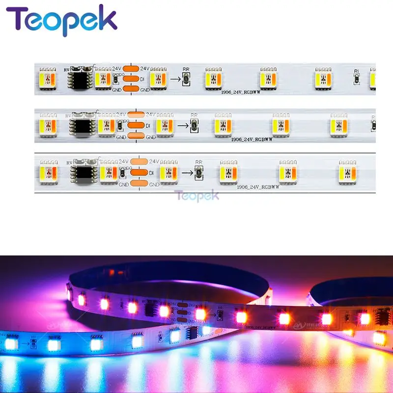 Fw1906 Rgb + Cct Magic Indirizzabile Flessibile Led Strip Light 5050 Smd 5 Colori In 1 Chip Full Colors Rgbww Tape 24V Dc