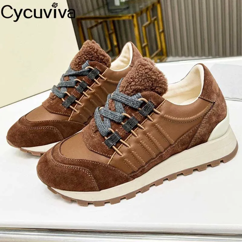 

Hot Wool Women's Flat Shoes Thick Sole Platform Sneakers Winter Casual Loafers Lace Up Leather Fur Shoes For Women 2022