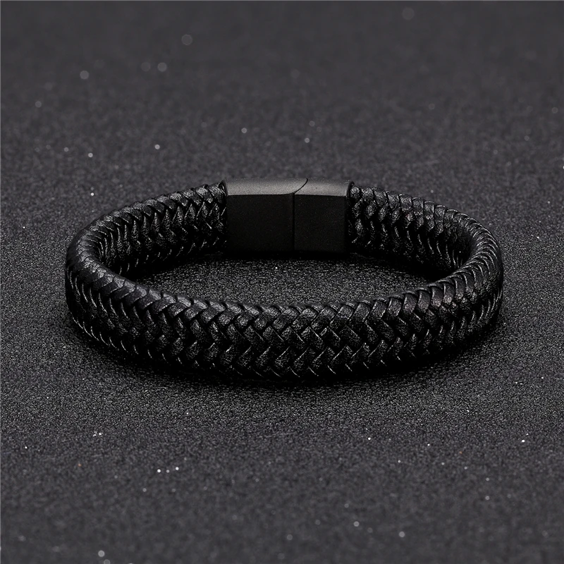 Classic Men Jewelry Genuine Leather Bracelets Titanium Black Rope Steel Magnetic Clasp Bracelets Wristband for Male Jewelry Gift