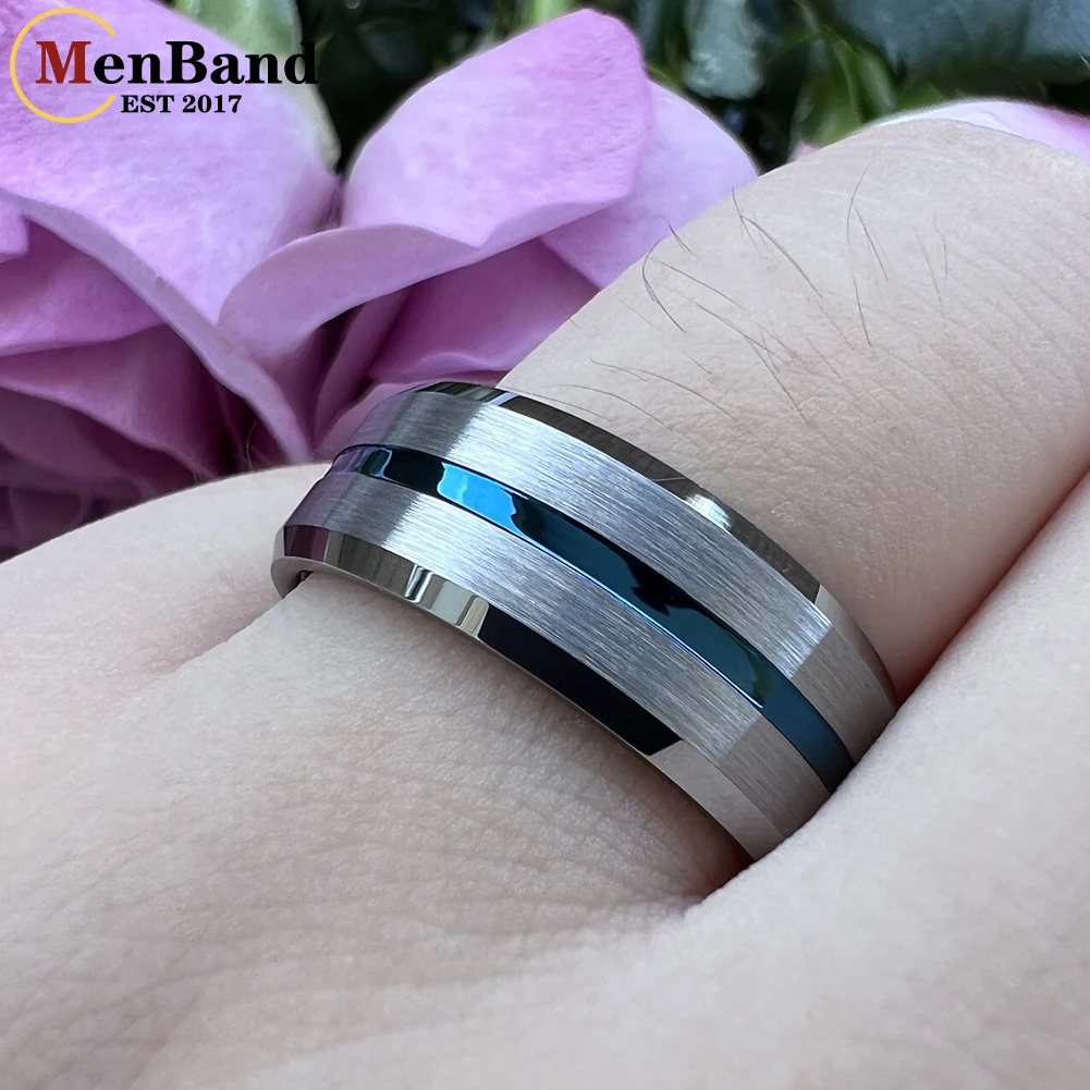 MenBand Fashion 8MM Blue Center Grooved Flat Polished Men Women Tungsten Carbide Wedding Ring Stylish Gift Jewelry Comfort Fit