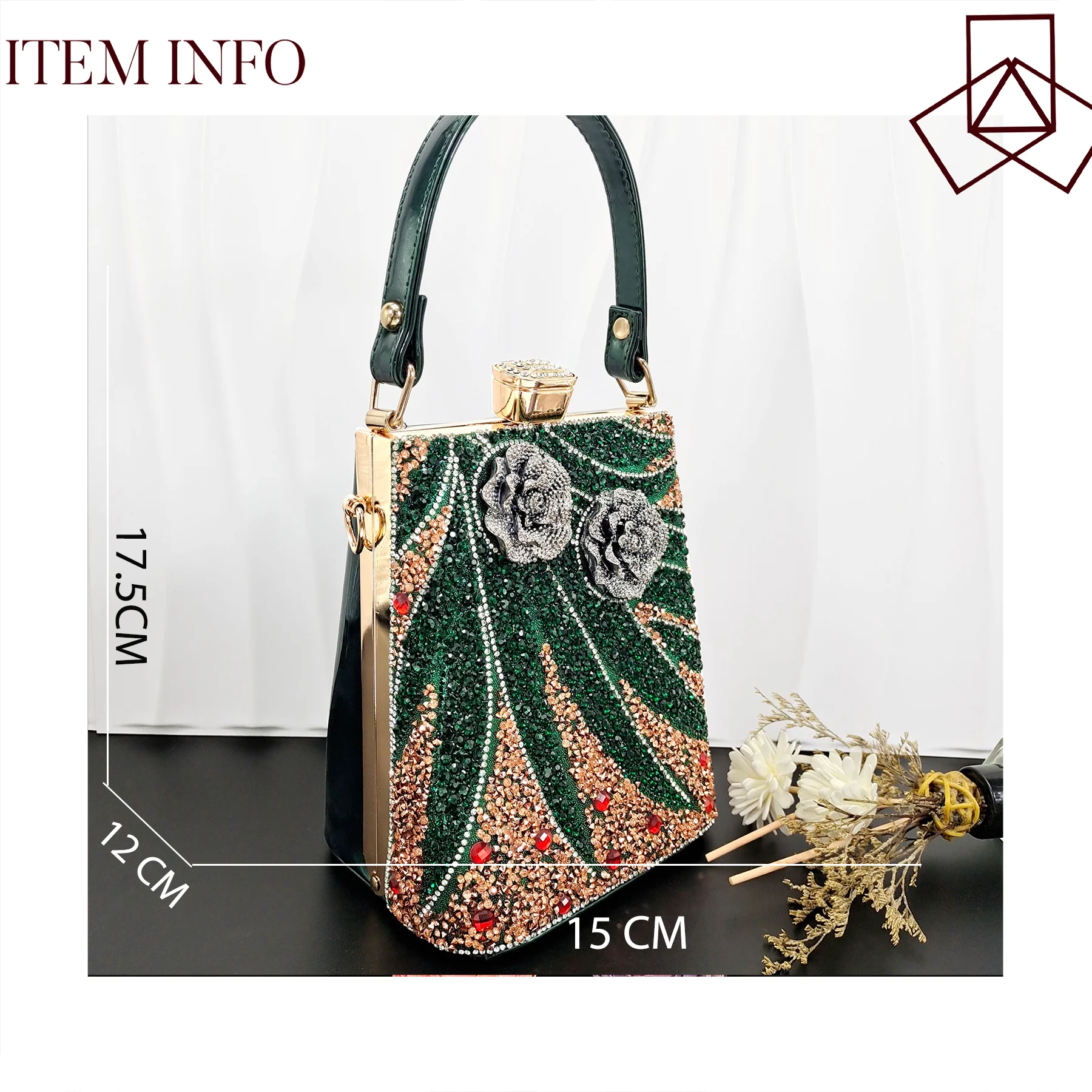 

QSGFC Fashion Handbag, Gold Wedding Party Bag, Shiny All Diamond Decal Bag, Metal Chain and Strap, Evening Dress Bag