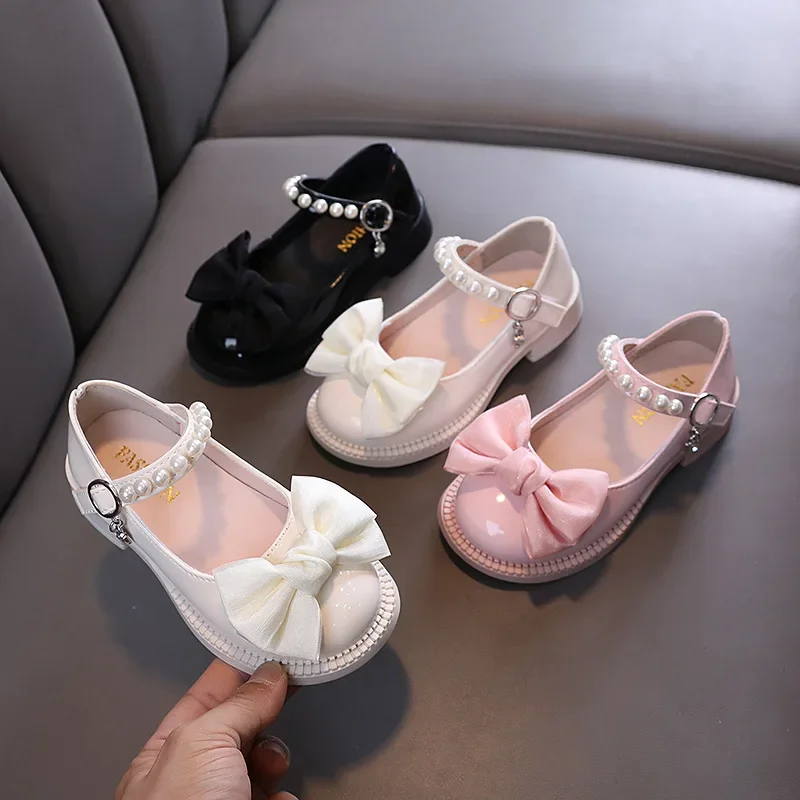 Children's Leather Shoes Fashion Girls Party Shoes Sweet Bowtie Kids Princess Causal Pearl Ballet Performance Dress leather shoes girls shoes
