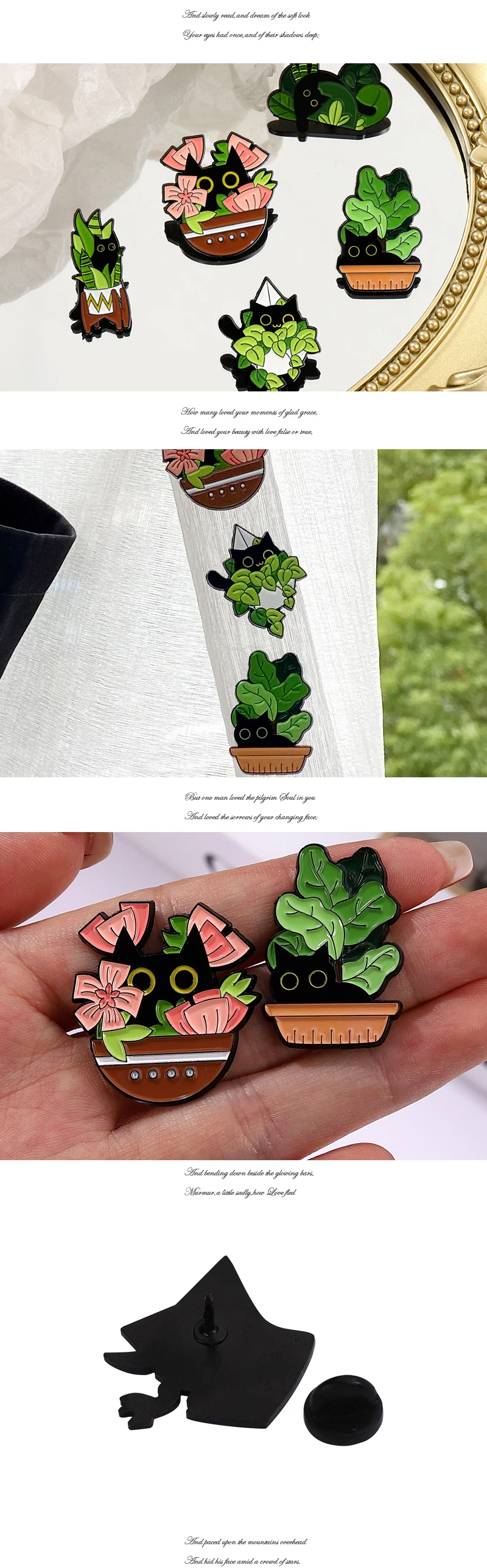Emaille-Anstecknadeln mit Katzen in Pflanzen, individuelle Broschen für schwarze Katzen, Topfpflanzen, Anstecknadeln, lustiger Tierpflanzen-Schmuck, Geschenk für Kinder und Freunde – Detail 2