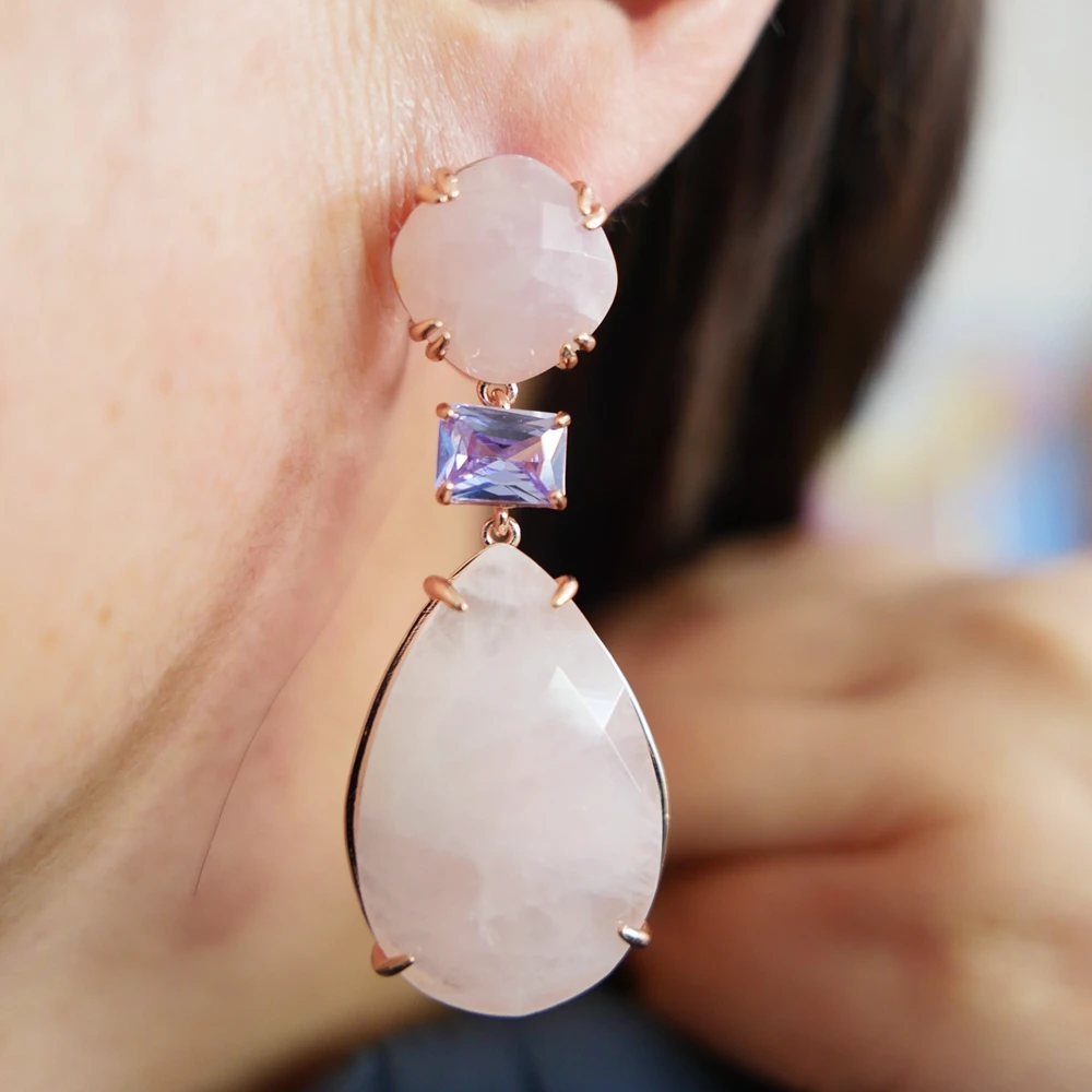 KQDANCE Pink Rose Quartz Amethyst Drop Earrings With Big Stone Sterling Silver 925 Needle Gold Plated Jewelry For Women Gifts