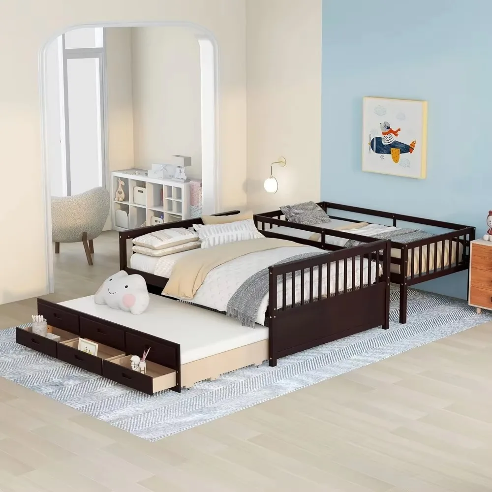 Twin Over Full Bunk Bed with Twin Size Trundle and 3 Storage Drawers, Solid Wood Bunk Bed Frame with Ladder, Children Beds 4
