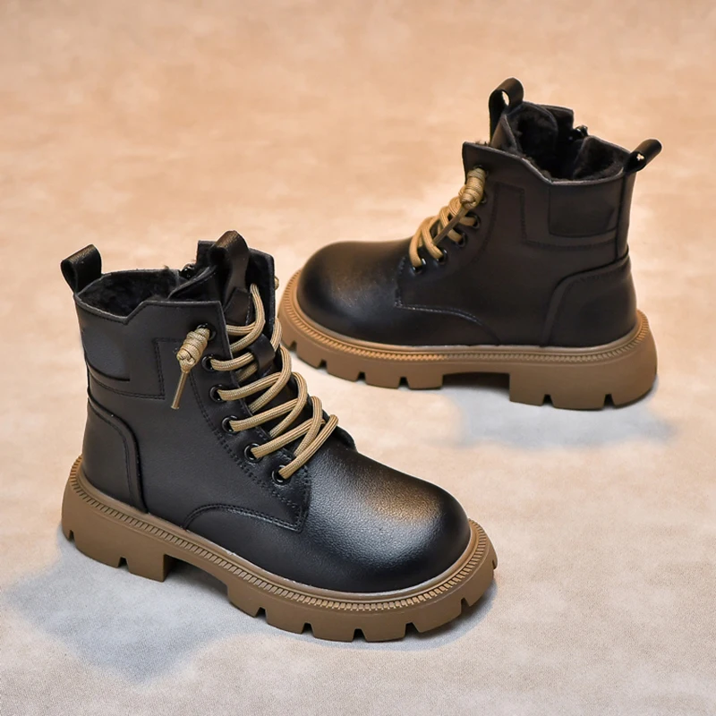 

Girls Boys Ankle Leather Boots with Zipper Lace Up Outdoor Hiking Waterproof Anti-Slip Durable Combat Bootie for Kids