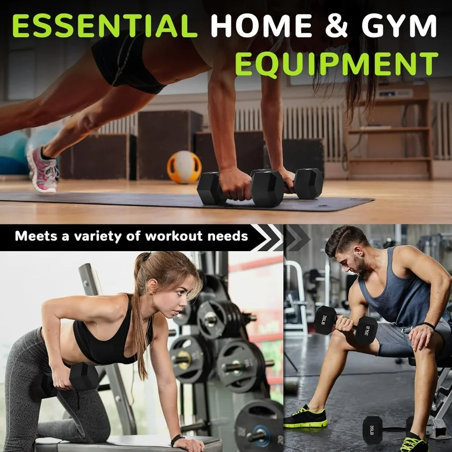 Rubber Encased Exercise & Fitness Hex Dumbbell, Hand Weights with Anti-Slip Metal Handle for Home Gym,35LB Single