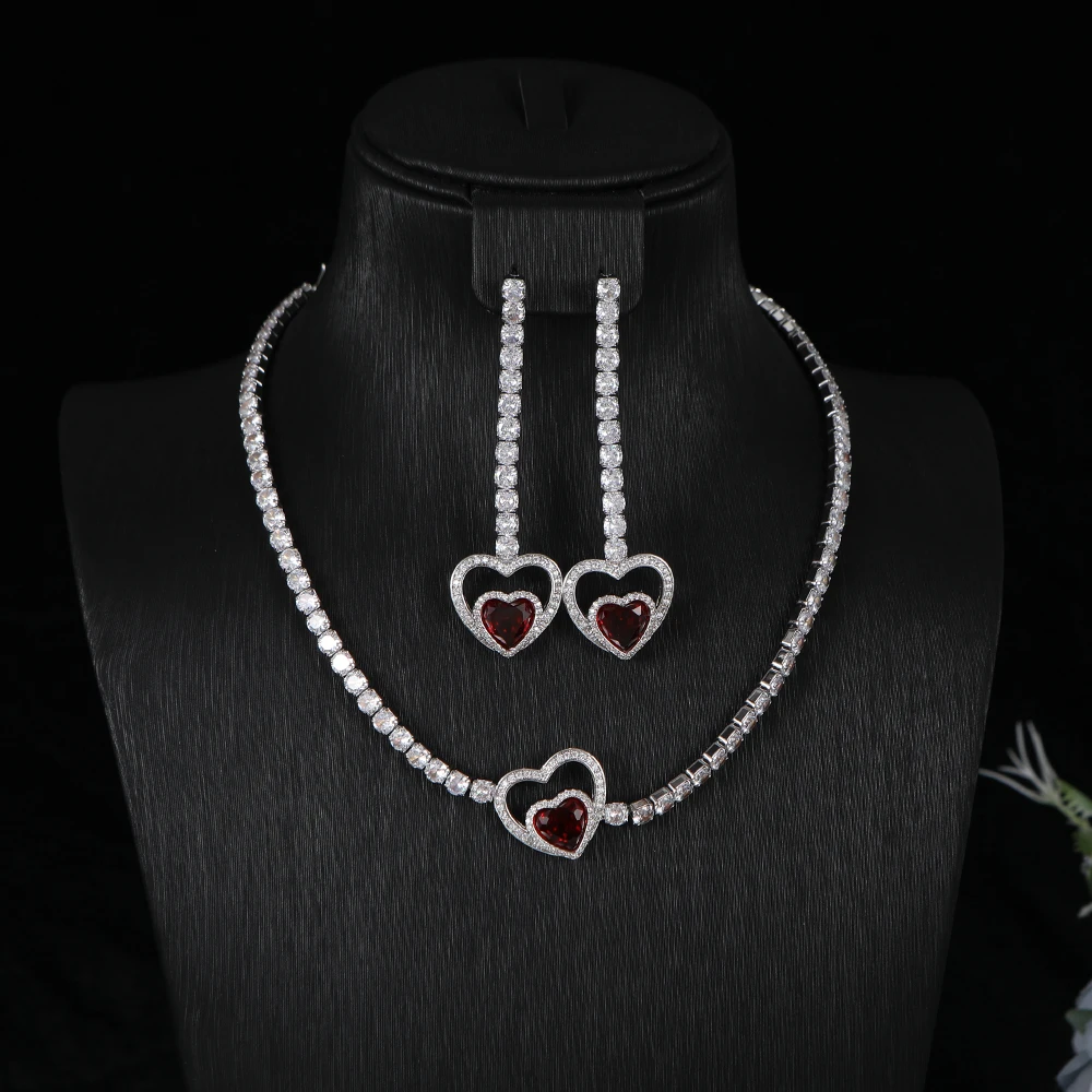 

Luxury Geometry Double Heart Necklace Earrings Full Pave Cubic Zirconia Engagement Party Drop Jewelry Set For Dubai Women A0196