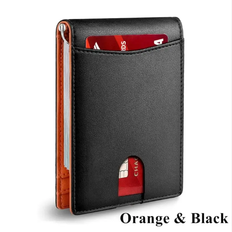 Men's Simple Slim Wallet With Money Clip RFID Blocking Front Pocket Leather Anti-theft Brush Dollar Clip Card Sleeve Plus Hole