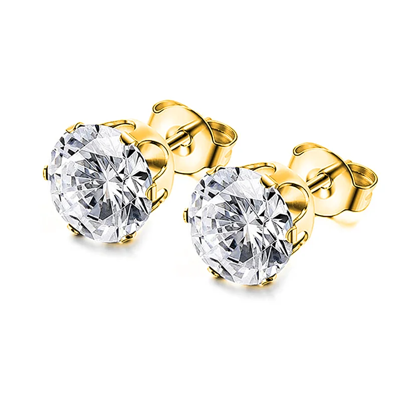 4-8mm Stud Earrings for Women Girls Men Punk Stainless Steel Stone CZ Crystal Round Black Silver Color Piercing Jewelry