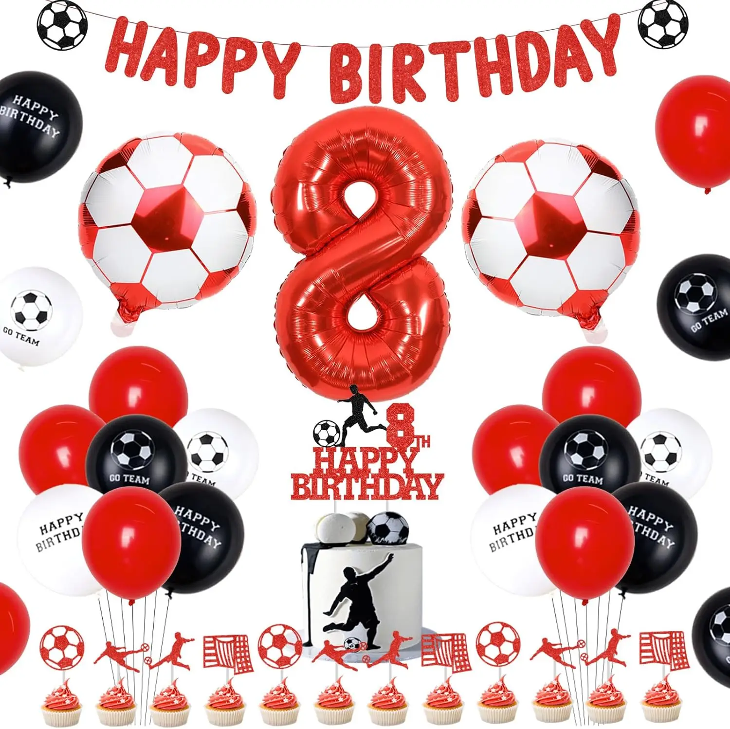 Soccer 8th Birthday Decorations Red Happy 8th Birthday Banner Cake Toppers Number 8 Soccer Foil Balloon for 8 Years Old Party
