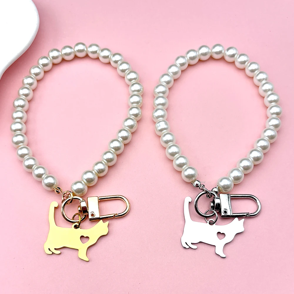 Schöne Katze Kätzchen Perle Schlüsselring Für Frauen Männer Edelstahl Gold Farbe Weibliche Mode Tasche Charme Schlüsselbund Schmuck Geschenke