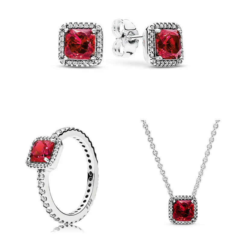 

Original 925 Sterling Silver Classic Timeless Elegance Necklace Earring Ring With Red Crystal For Women Europe Fashion Jewelry