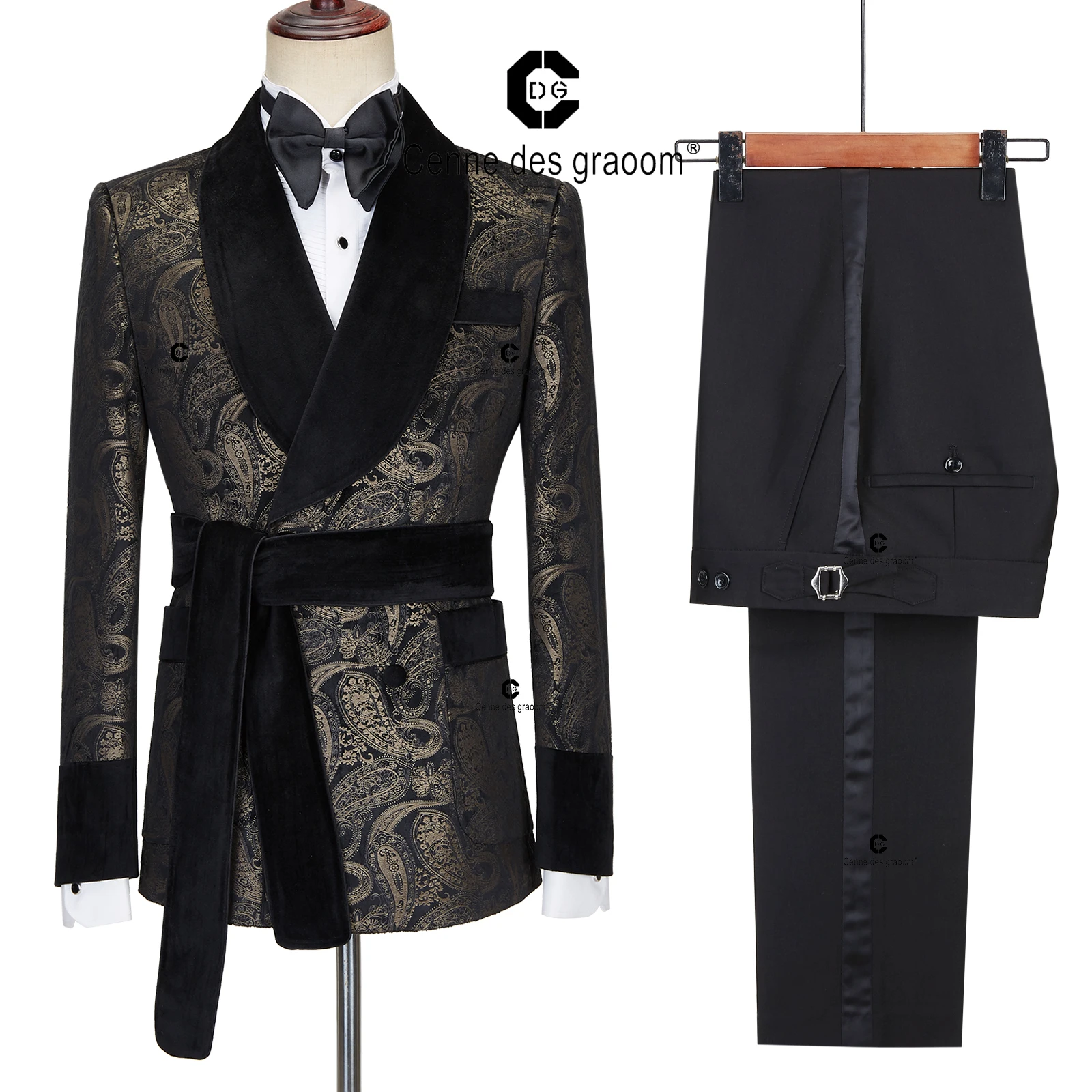 

Bosdan Gulden 2023 New Men's Suit Paisley Tuxedo For Wedding Double Breasted Shawl Velvet Lapel Jacket 2 Pieces With Belt