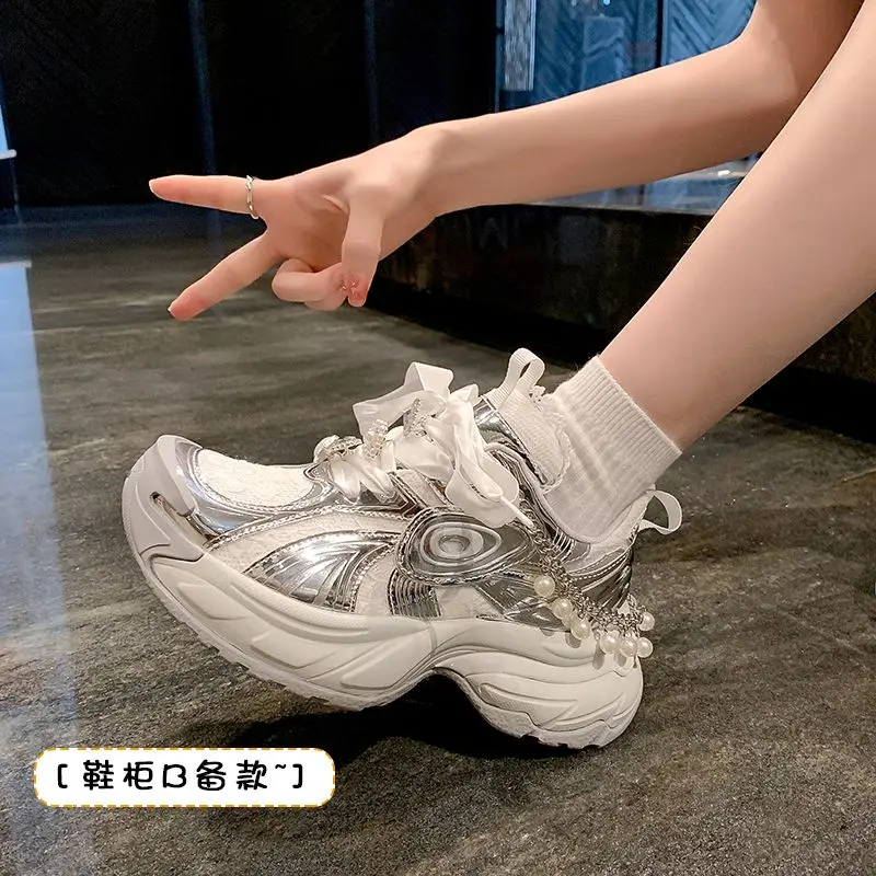 New Women's Fashion Thick Sole Heightened Silver Dad Shoes Mesh Breathable Casual Sports Shoes 6