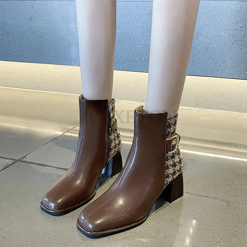 

Женские ботильоны на высоком каблуке, дизайнерские полусапожки из искусственной кожи с квадратным носком, на молнии, на толстом каблуке, осень 2023