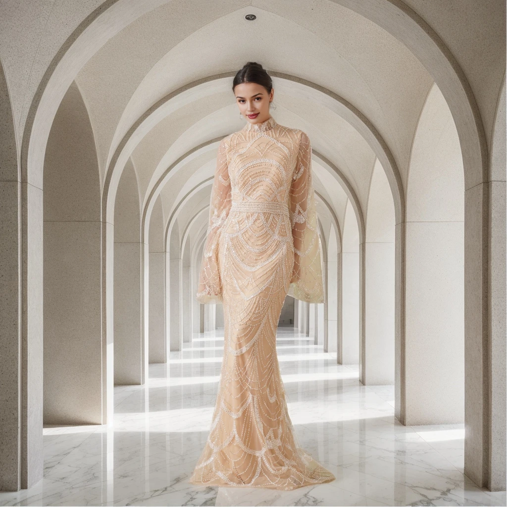 

Luxury Arabic Pearls Beaded Tulle Evening Dresses Champagne Mermaid High Neck Bell sleeves Sequined Formal Party Prom Gowns