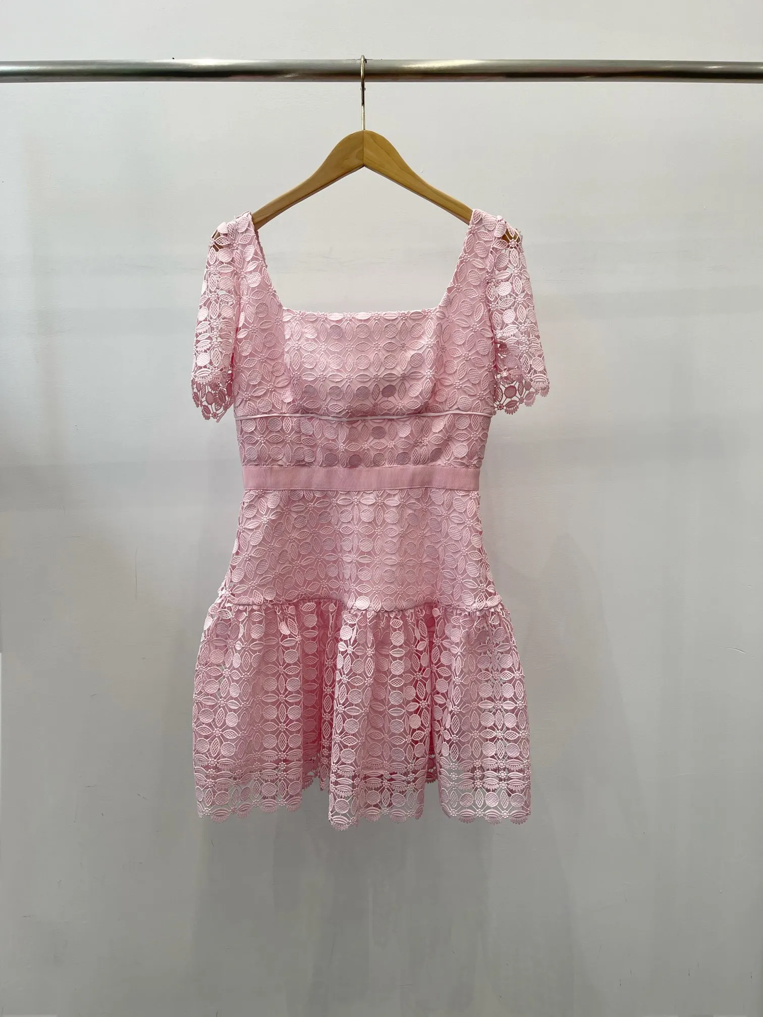

2023Summer new pink square collar puffed sleeve girls waist short mini dressv6.12