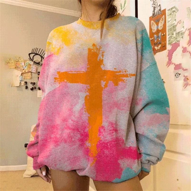 Tie-Dye Cross Printed Pullovers Women MultiColors Loose Plus Size Casual Commute Sweatshirts Spring O-Neck Long Sleeve Pullovers