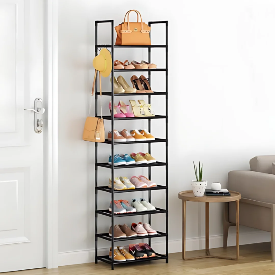 10-Tier-Free-Standing-Shoe-Rack-with-Hooks-Entryway-Shoe-Storage-Rack ...