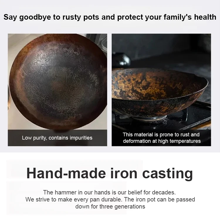 Handmade Pure Iron Non-Stick Frying Pan - Big Belly Flat Bottom Cookware for Gas Stove