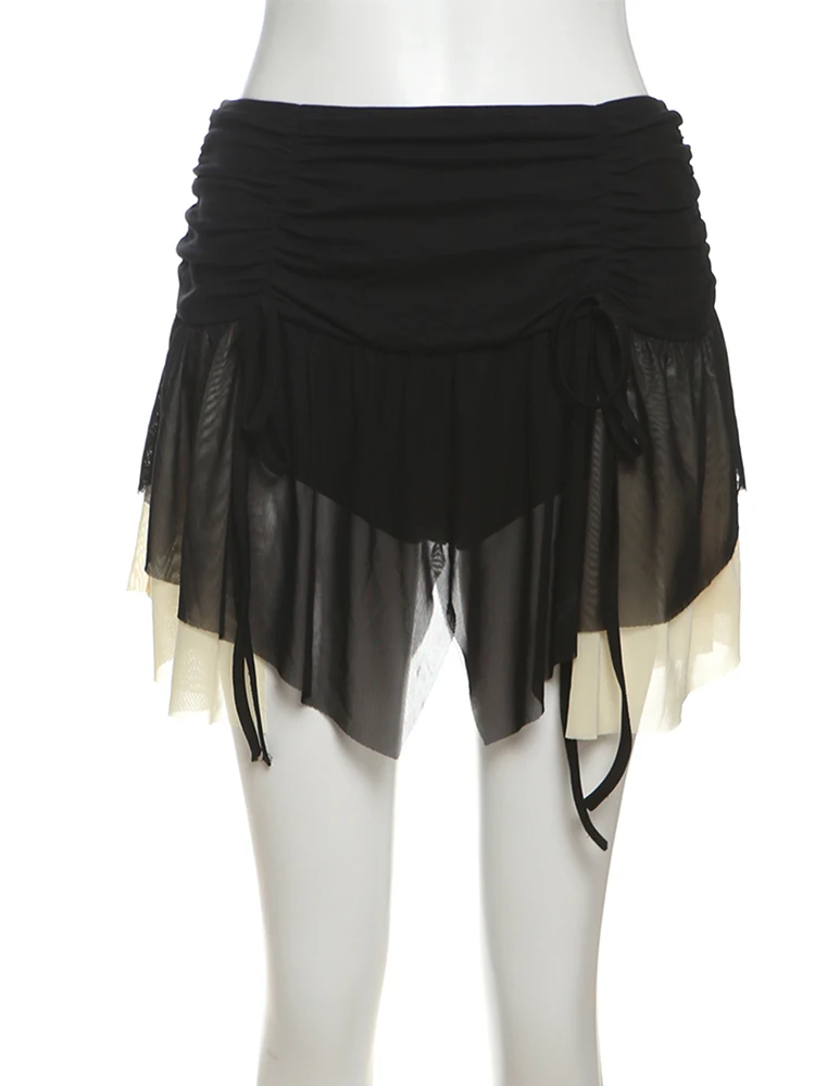 Nibber See Through Mesh 2 Piece Set Women Sexy Backless Camisole+Contrast Patchwork Ruched Skirts Hot Girls Wild Style Suits