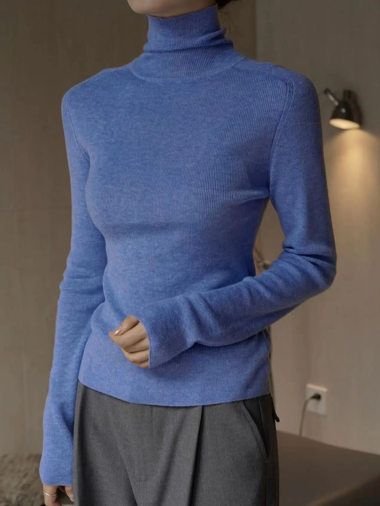 Women's High Neck Long Sleeve Wool Sweater, Slim Fit, Monochromatic, Casual, Autumn, Winter 4