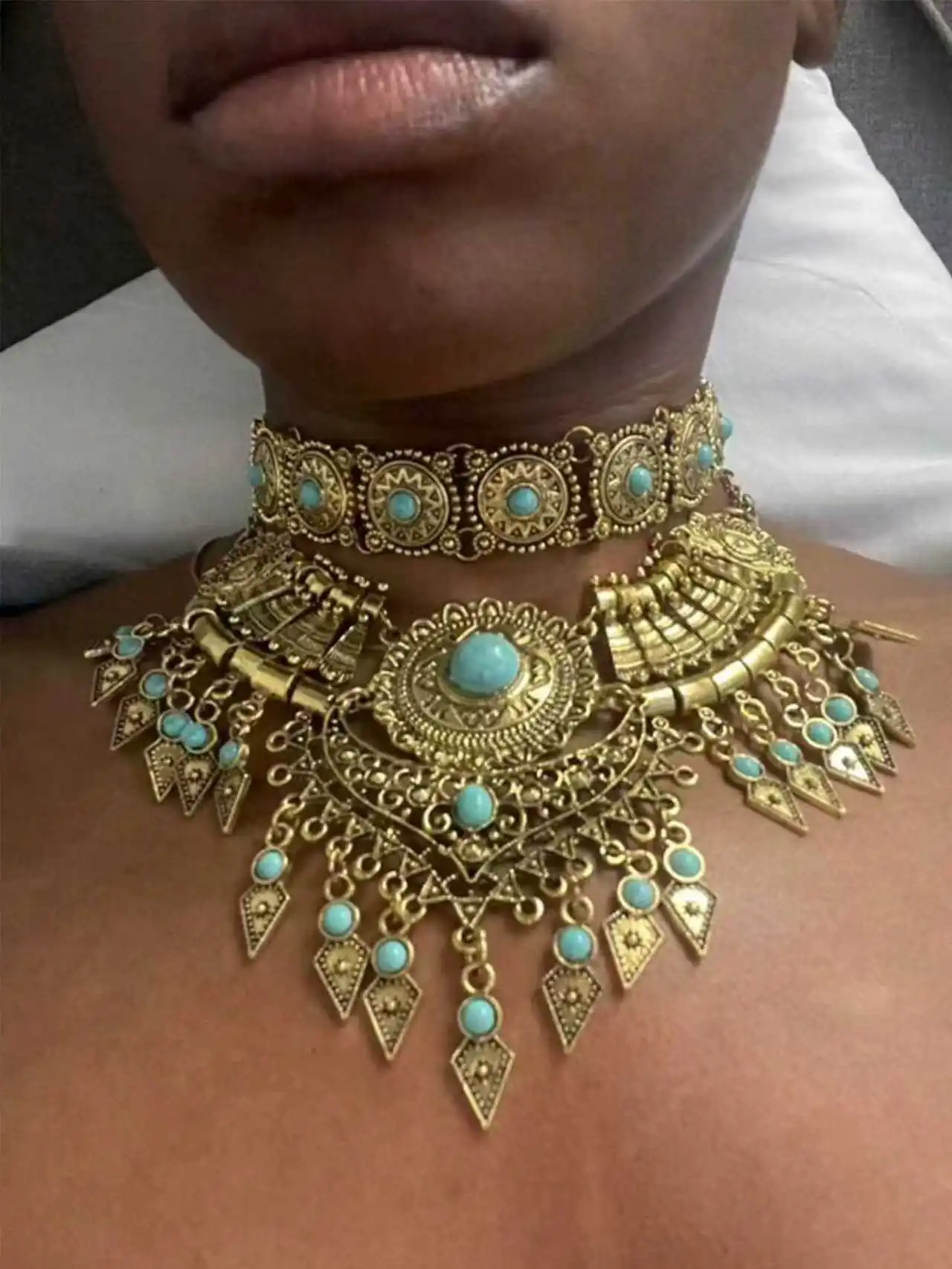 Layered Bohemian Statement Necklace Women's Fashion Retro Teardrop Tassel Collar Jewelry for Casual Matching & Party Styling 1