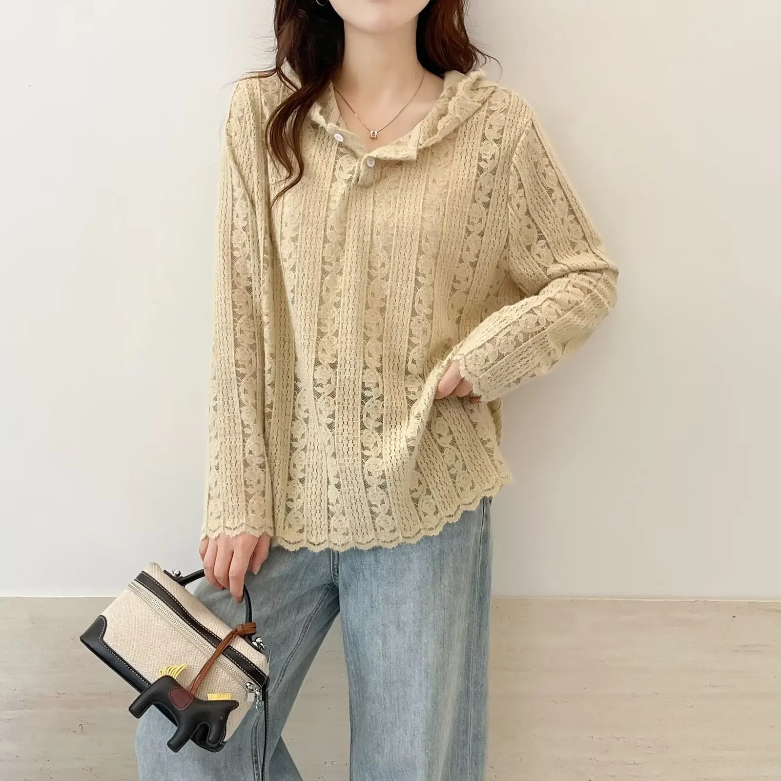 Fashion Plus Size Women's Blouses Autumn New Style Half Open Collar Lace Cutout Long Sleeve Hoodie Casual Top 8025