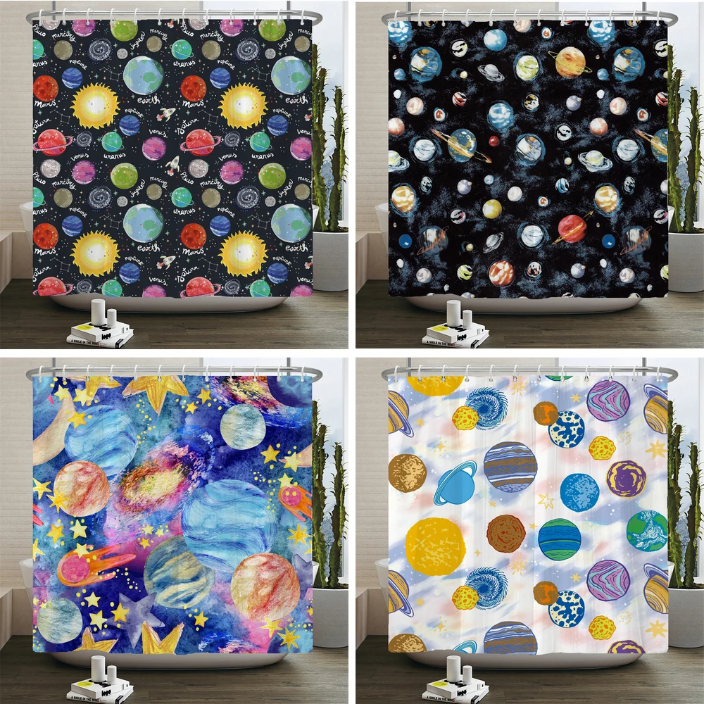 

Cartoon Universe Planet and Solar System Shower Curtain 3D Print Starry Sky Baby Room Curtain With Hook Frabic Bathroom Curtain