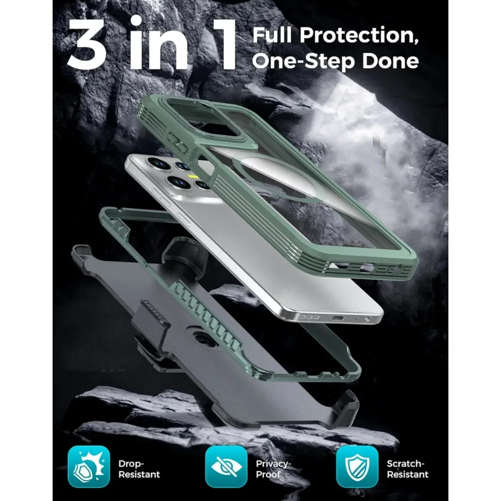 Heavy Duty 3-in-1 Magnetic Case with Anti-Shock Kickstand and Belt Clip Cover