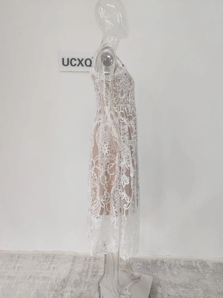 Square Neck Lace Embroidery Elegant Long Dress Fairycore Waist Sleeveless Camisole Dresses Women 2025 Spring Summer 23A8639