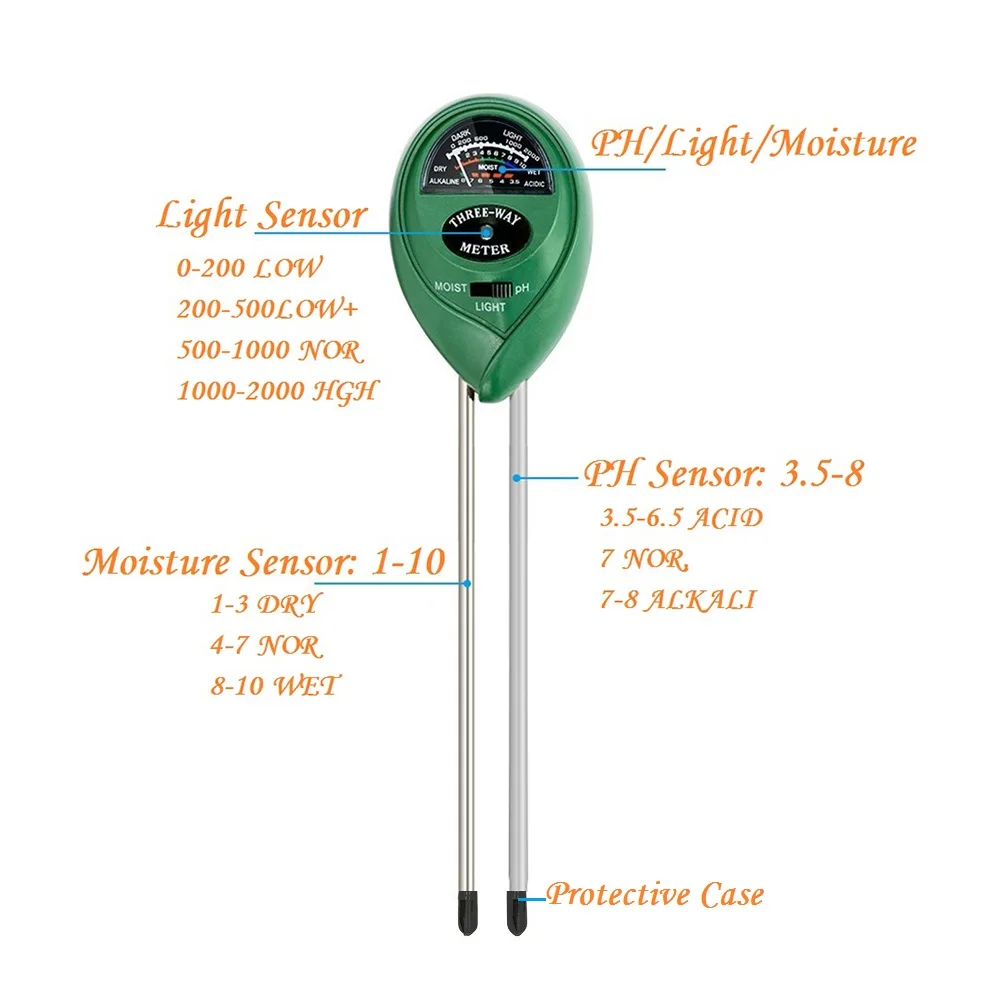 Medidor de umidade da água do solo, acidez, umidade, luz solar, luz, teste de pH, planta, exterior, monitor, detector, 3 em 1