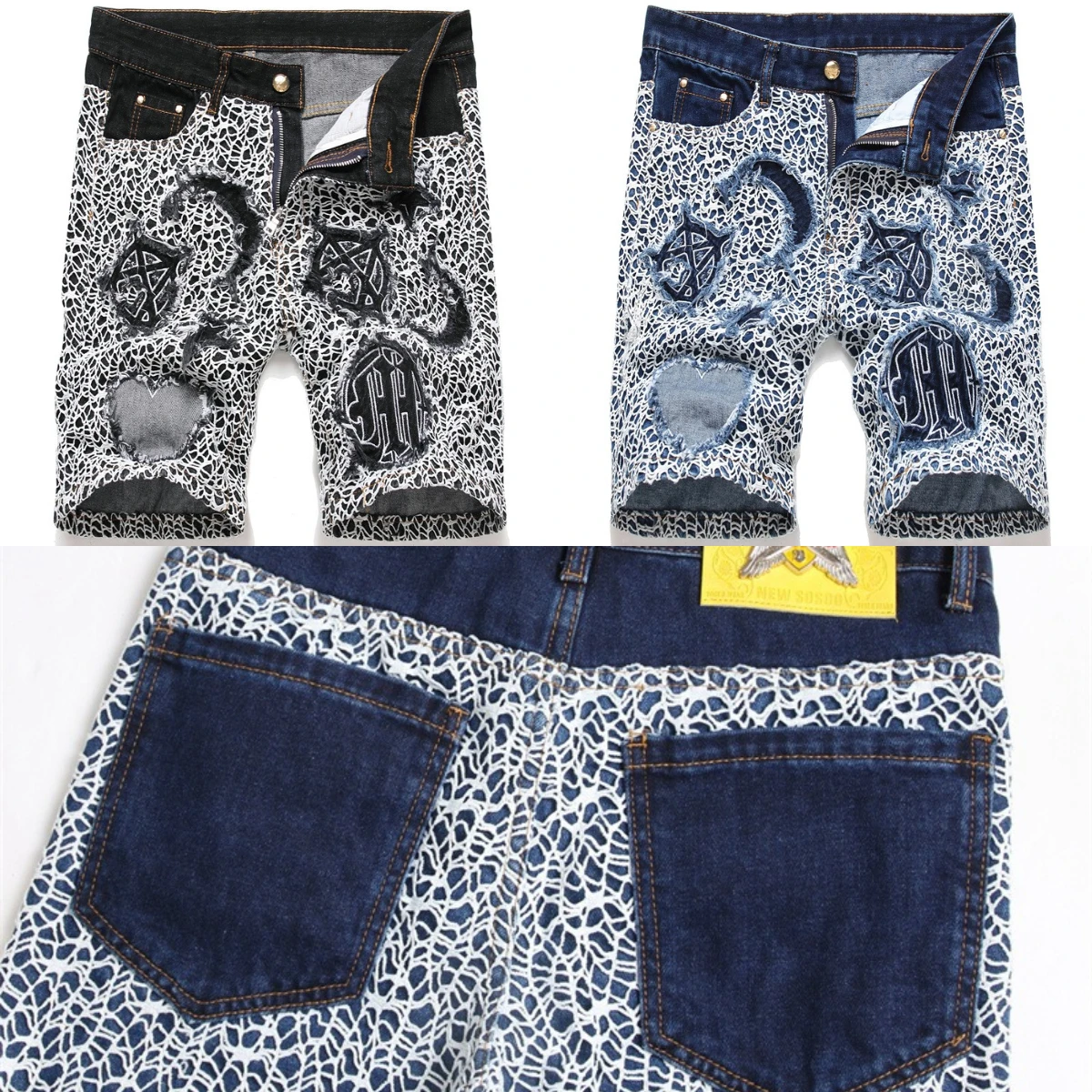 

Leopard Pattern Spliced Jeans Men's Shorts Badge Embroidered Worn Out Zipper Slim Fit European American Fashion Versatile Tide 2