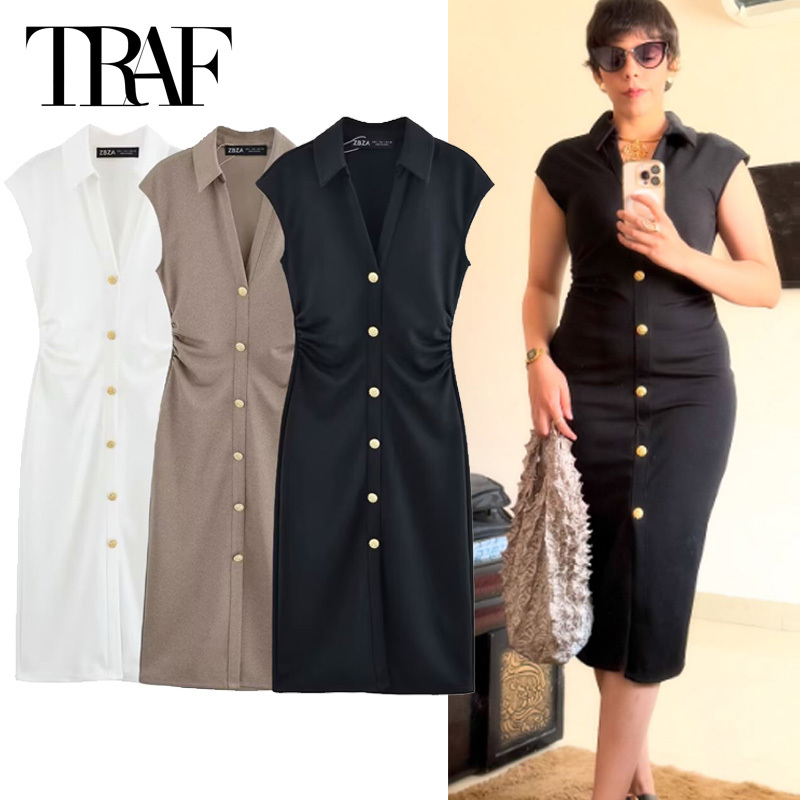 TRAF 2025 Women's Ruffled Dress Summer White Khaki Black Dress Button Sleeveless Ruched Slim Long Vestido Chic Vacation Dresses