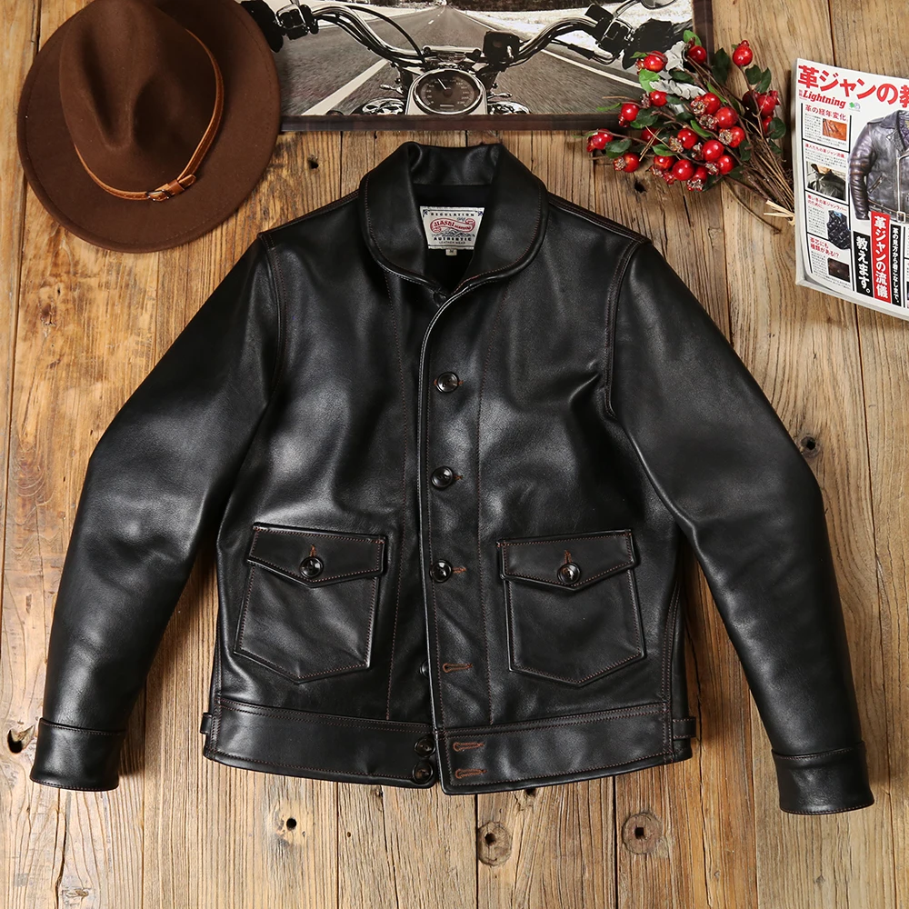

YR!Free shipping.Full Grain Luxury Italy tanned cowhide jacket.Vintage Black classic causal leather coat.Cossack leather cloth