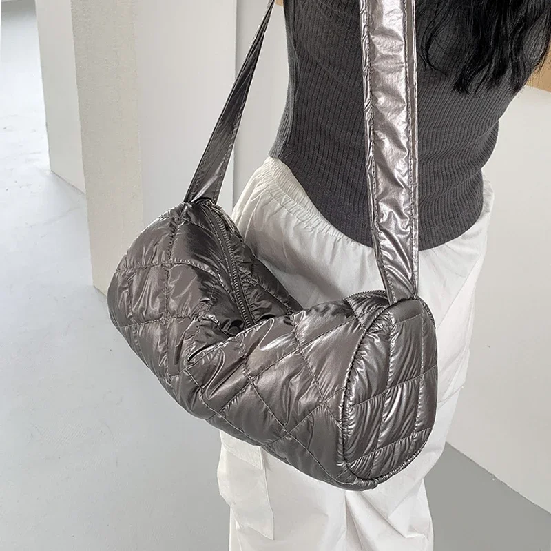 

Casual Lingge Quilted Barrel-Shaped Women Shoulder Bags Nylon Padded Crossbody Bag Warm Winter Puffer Bag 2023