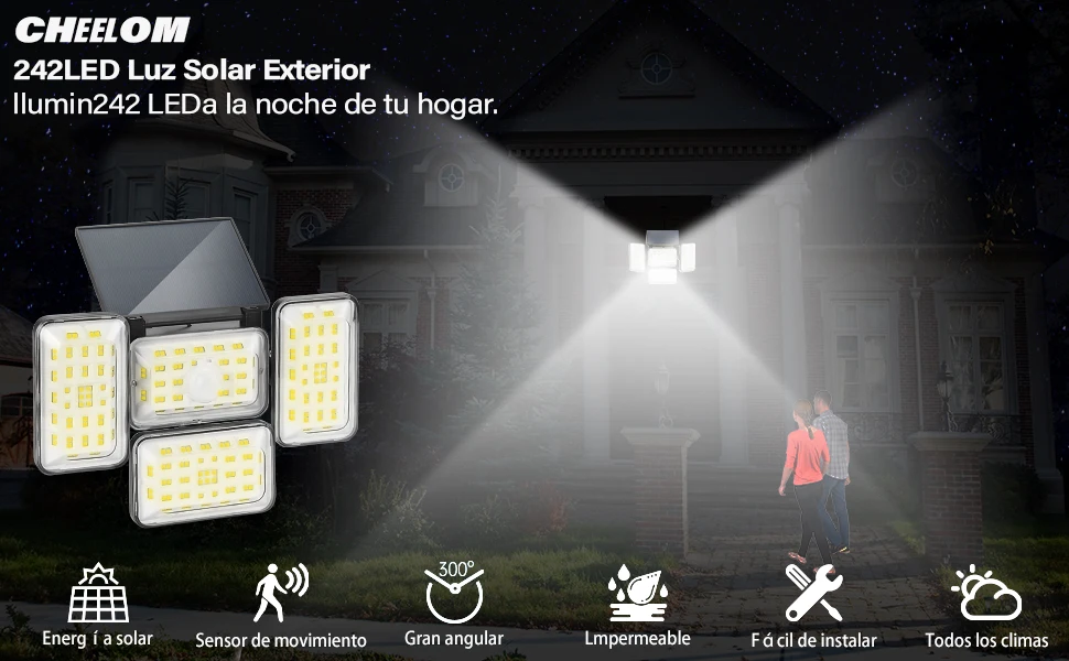 Description Picture 5 of item4Heads Bright 242 LED Outdoor Solar Powered Motion Sensor Lamps For Garden Adjustable Interaction Wall Light With Remote Control