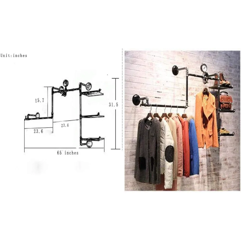 industrial pipe clothing rack wall mounted wood garment rack multi-function display rack shoes bag store shelves clothes hanger