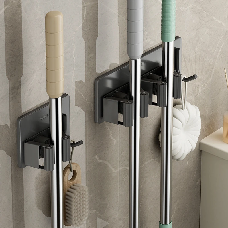 Bathroom Mop Holder Self-adhesive Wall Mounted Broom Stand Sweeping Brush Storage