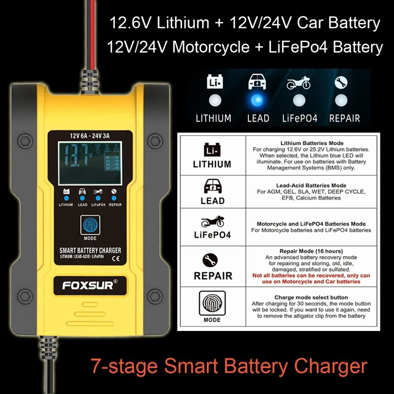FOXSUR 차량용 리튬 배터리 충전기, 오토바이 스마트 배터리 충전기, 12V, 24V, 6A, 12.6V