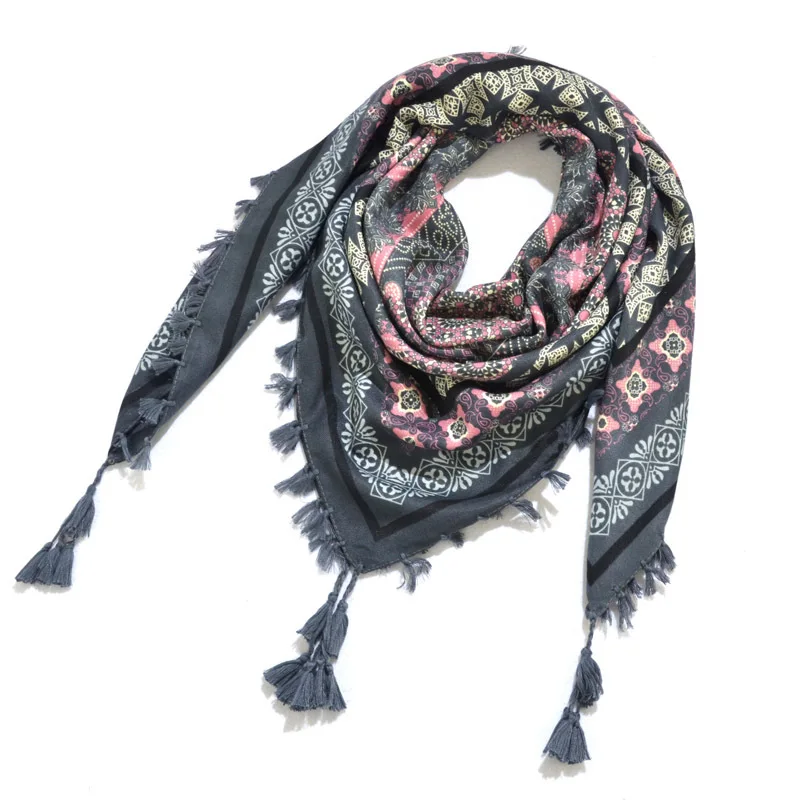 Bohemian Scarf Women Winter Wrap Shawl Retro Floral Tassel Female Scarf Big Square Scarf Cotton Foulard Handkerchief 6