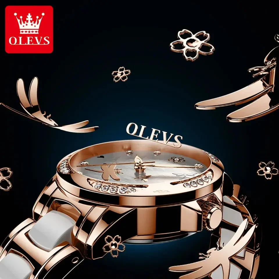 OLEVS Automatic Watches for Women Calendar Dial Ceramic Strap Waterproof Luminous Fashion Women's Mechanical Wrist Watch Reloj