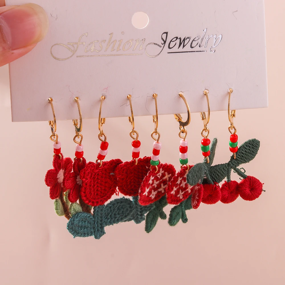 Aihua Rote Farbe Niedliche Gestrickte Blumen Ohrringe für Frauen Mädchen Handgemachte Gehäkelte Blume Rose Ohrringe Geburtstag Party Schmuck Geschenke