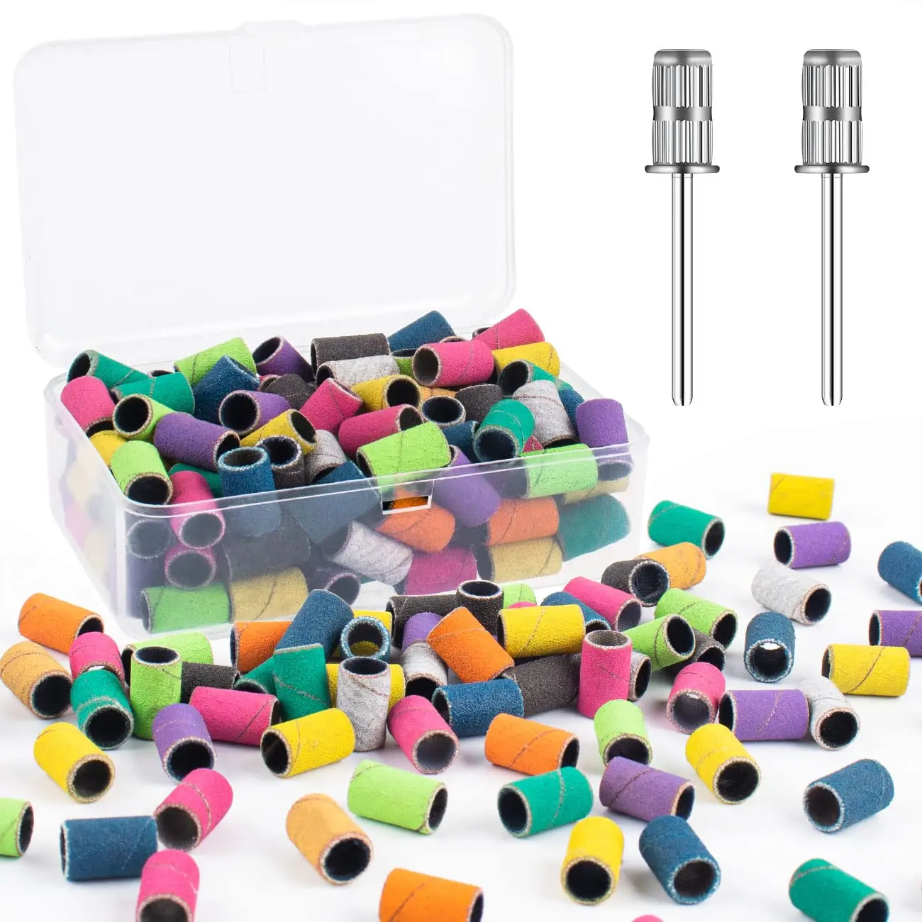 

102pcs Sanding Bands Set for 3/32" Nail Drill Bits with Storage Box 100 PCS Nail Sanding Cap and 2 Mandrel Bits for Nail E-file