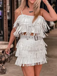 Women Y2k Sparkly Sequins Tassel Skirt Set Sleeveless Crop Top Sling Vest Fringe Skirt Summer Outfits Dance Rave Party Clubwear